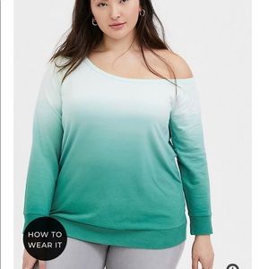 GREEN TERRY DIP-DYE OFF SHOULDER SWEATSHIRT